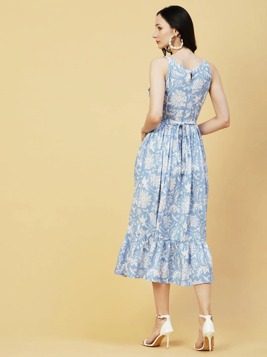 Abstract Floral Printed A-Line Fit & Flare Midi Dress with Belt - Blue