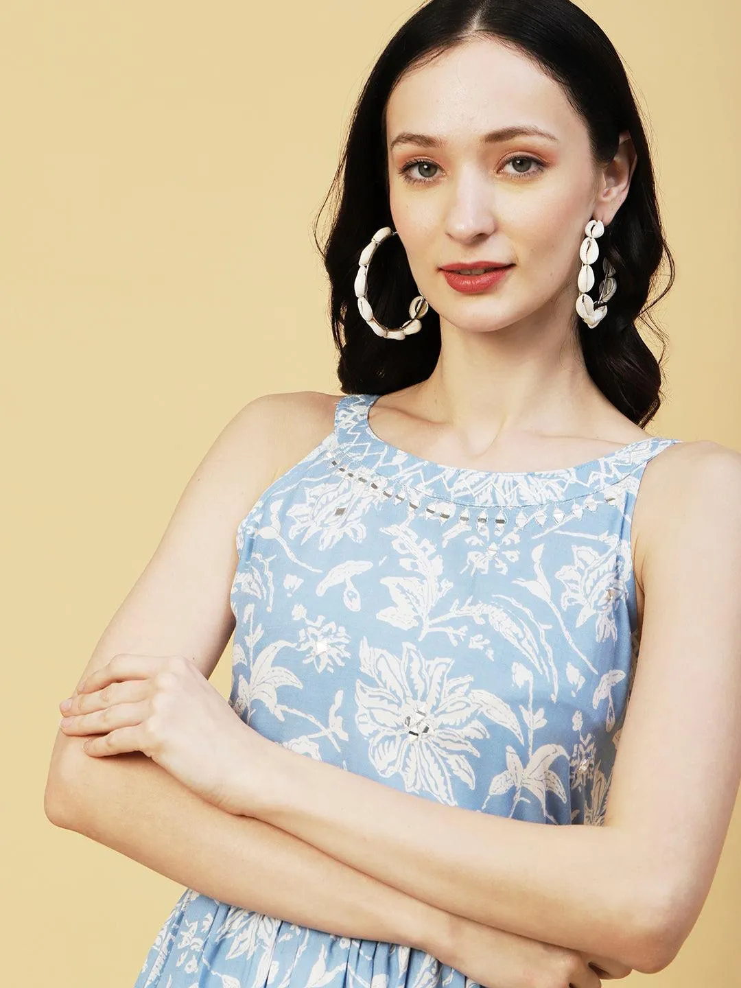 Abstract Floral Printed A-Line Fit & Flare Midi Dress with Belt - Blue