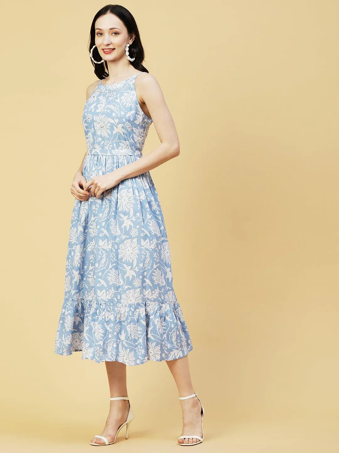 Abstract Floral Printed A-Line Fit & Flare Midi Dress with Belt - Blue