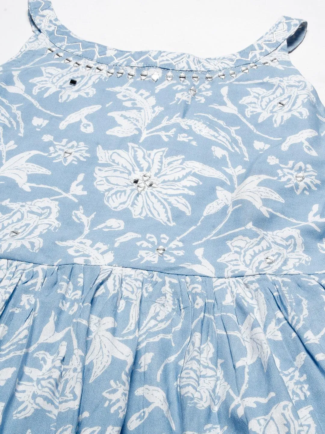 Abstract Floral Printed A-Line Fit & Flare Midi Dress with Belt - Blue