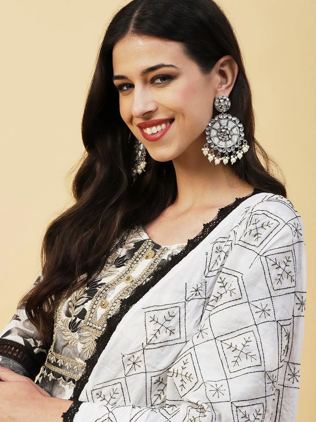 Abstract Floral Printed Straight Fit Kurta with Pant & Dupatta - Black