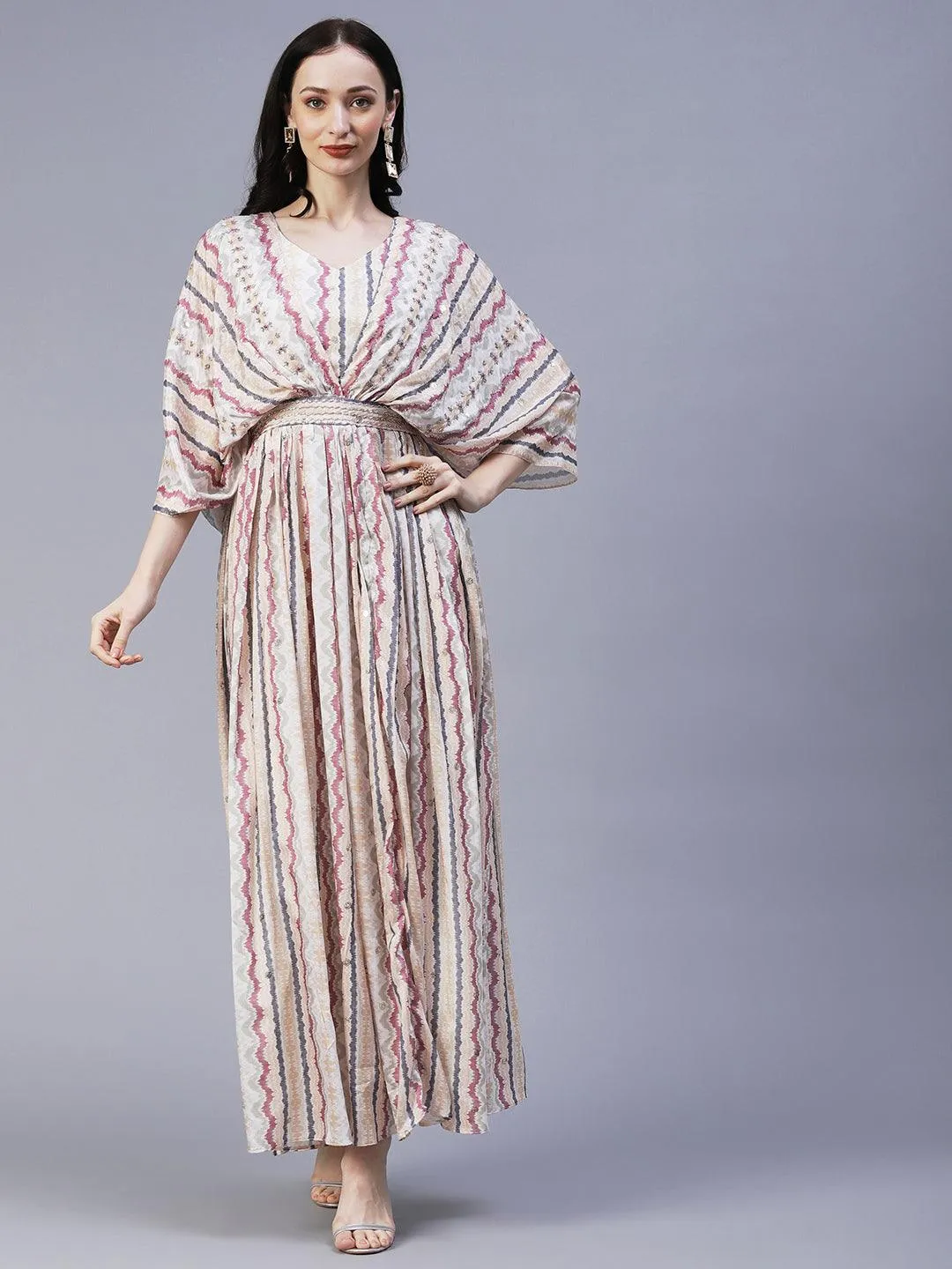 Abstract Printed Cutdana & Sequins Embroidered Draped Yoke Gown - Off-White