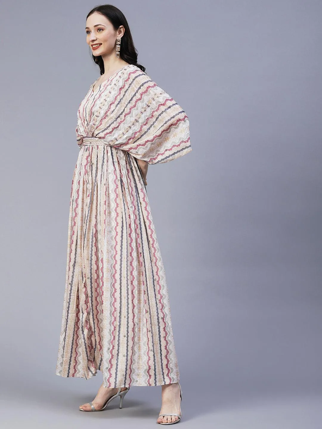 Abstract Printed Cutdana & Sequins Embroidered Draped Yoke Gown - Off-White