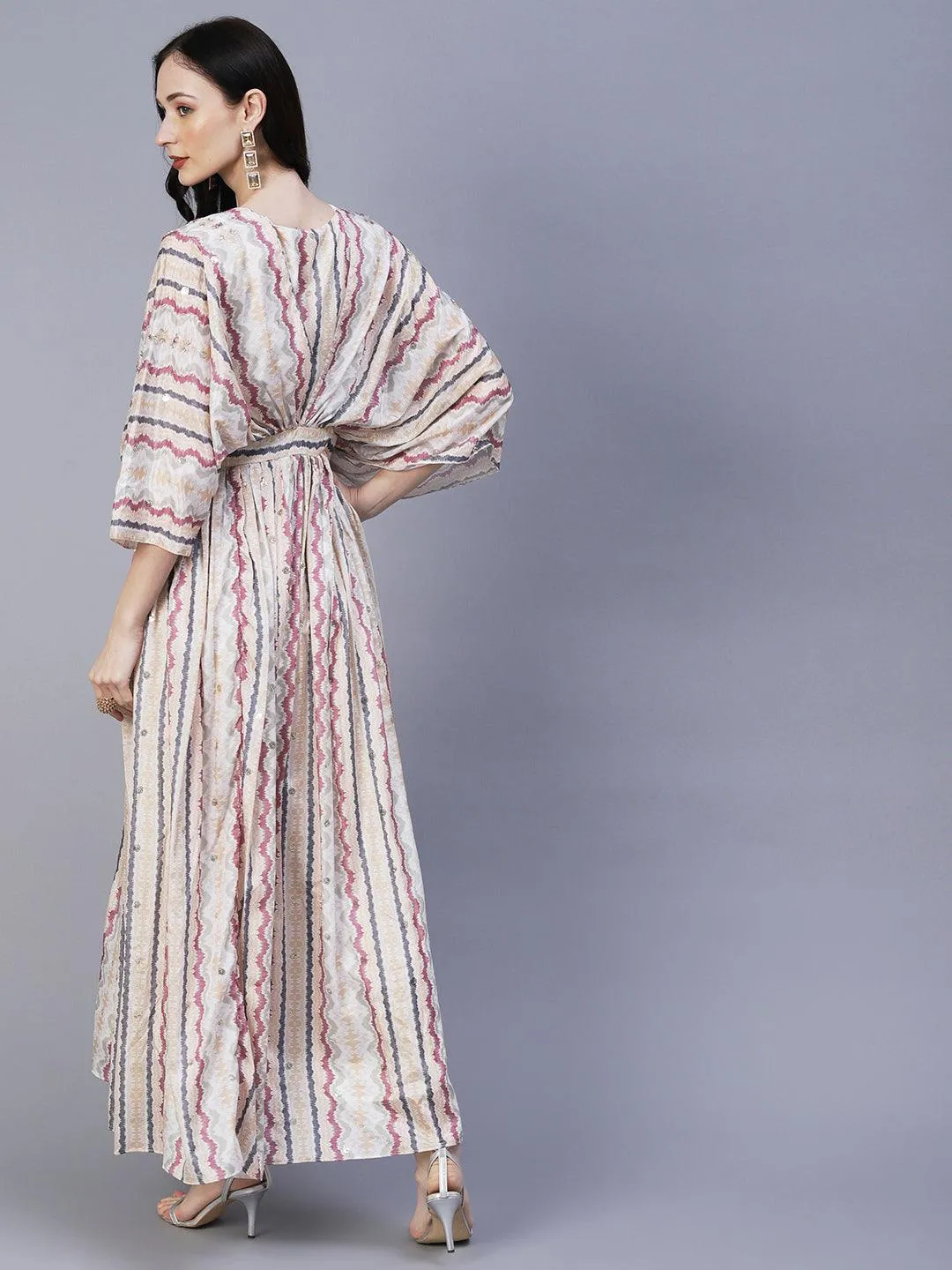 Abstract Printed Cutdana & Sequins Embroidered Draped Yoke Gown - Off-White