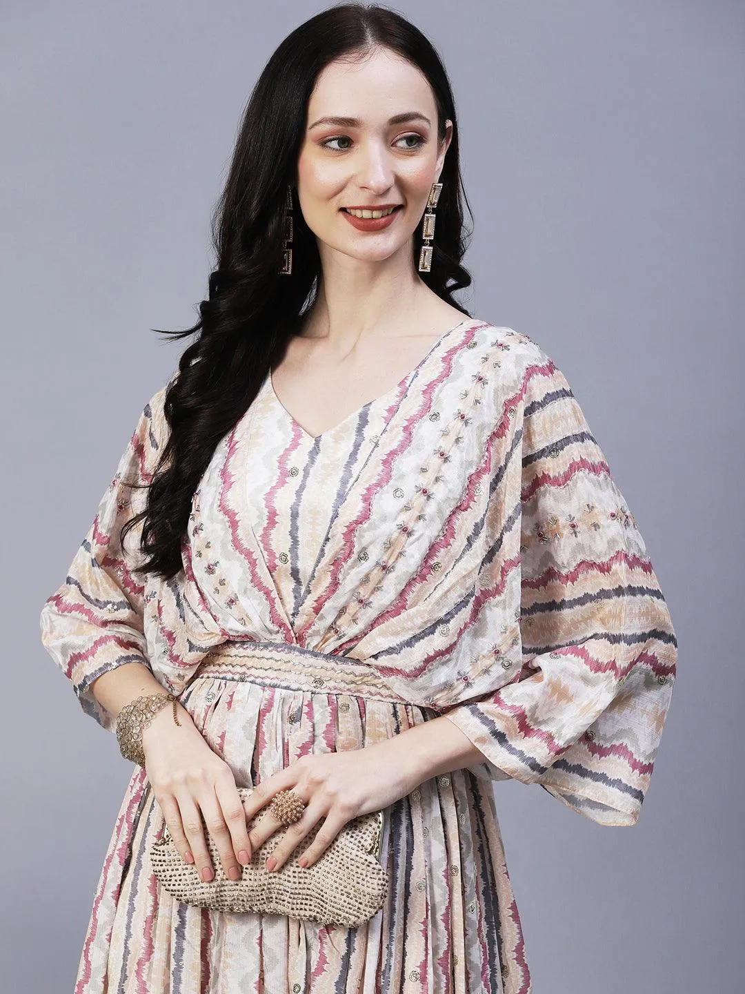 Abstract Printed Cutdana & Sequins Embroidered Draped Yoke Gown - Off-White