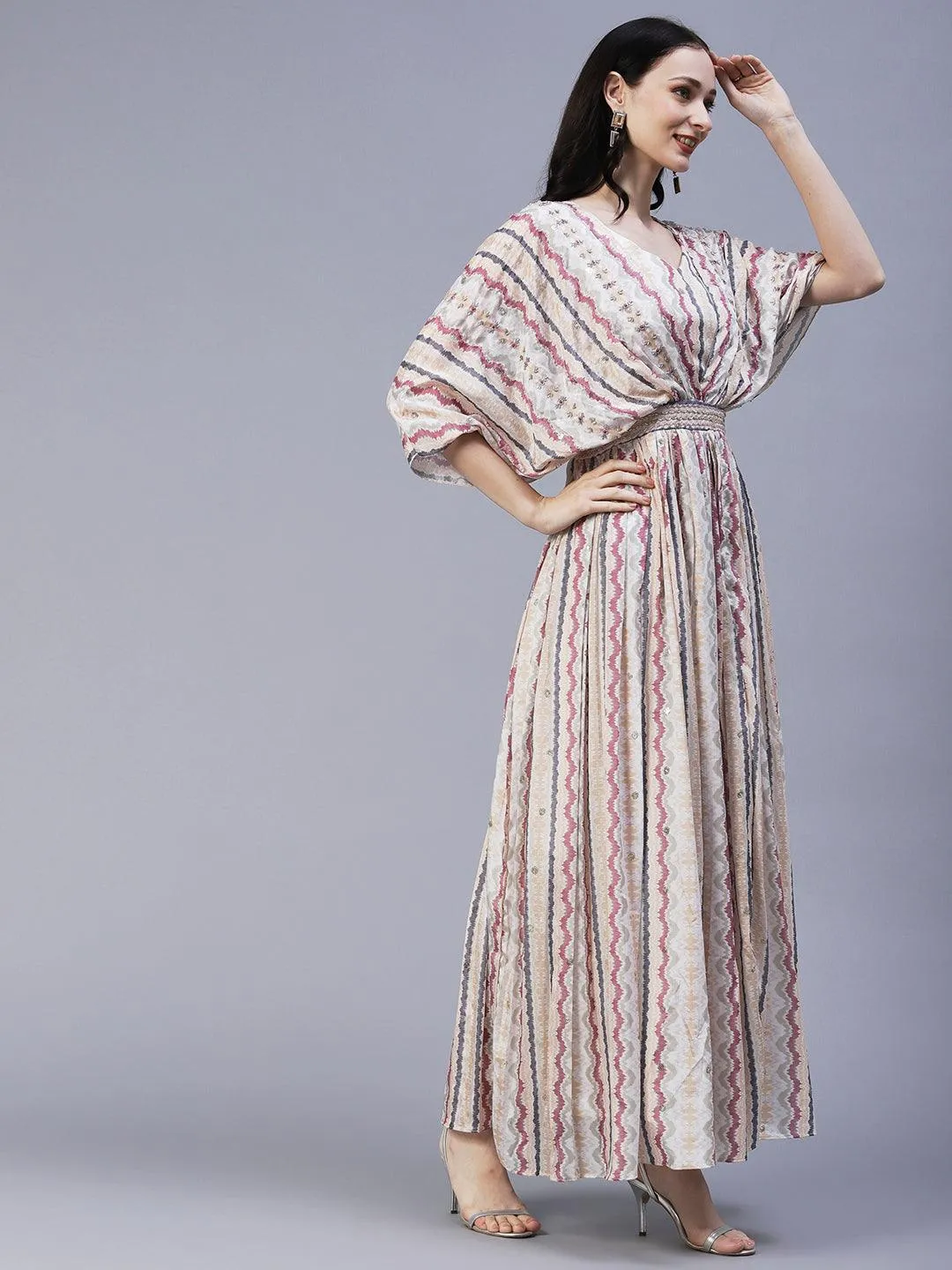 Abstract Printed Cutdana & Sequins Embroidered Draped Yoke Gown - Off-White