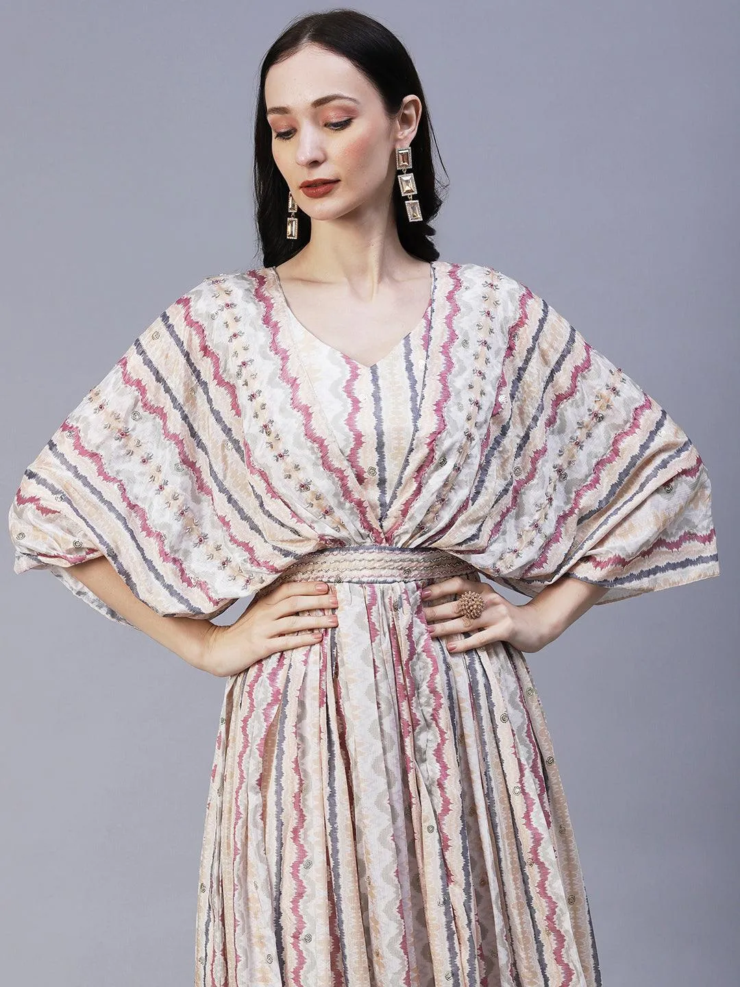 Abstract Printed Cutdana & Sequins Embroidered Draped Yoke Gown - Off-White