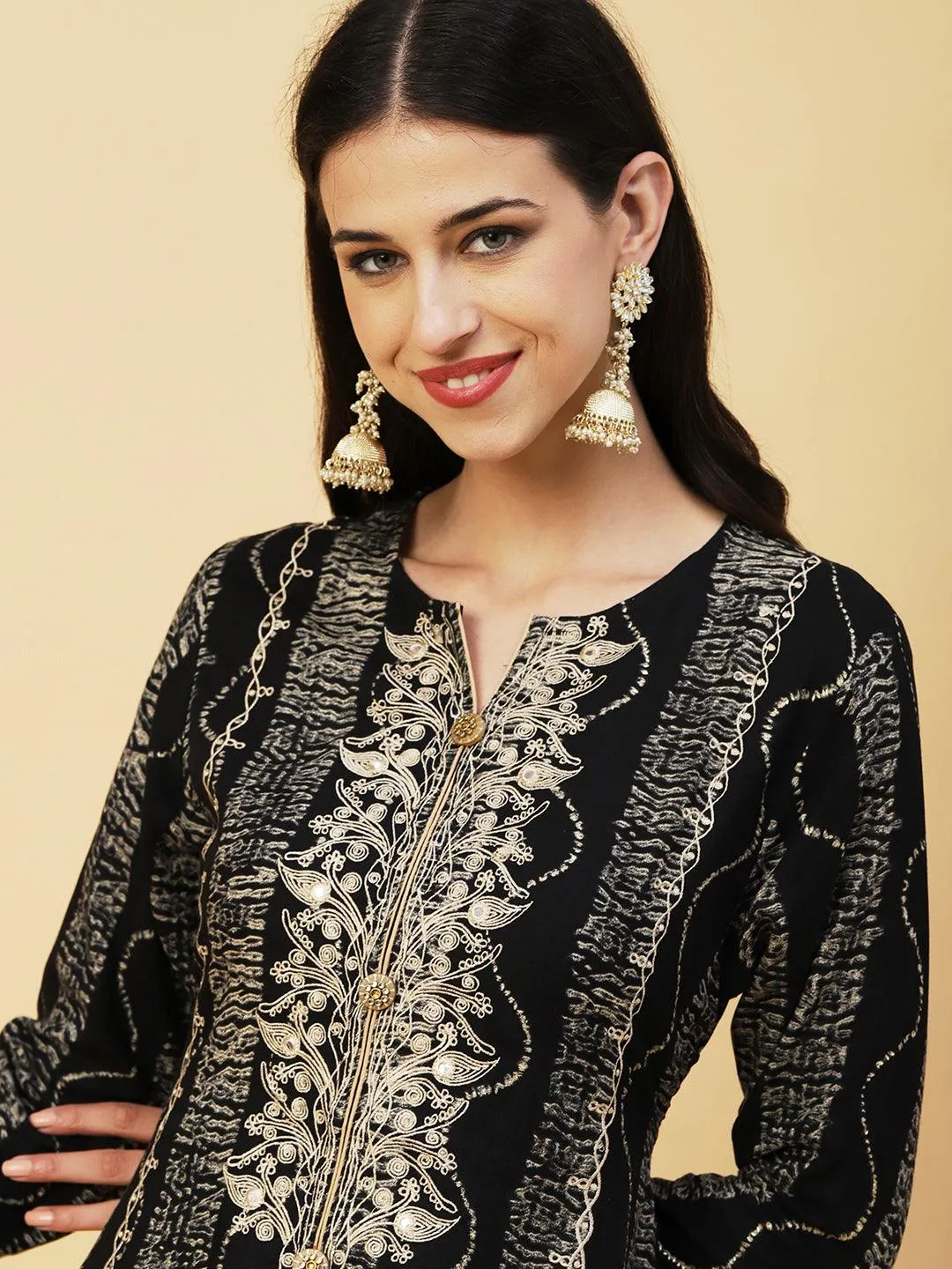 Abstract Stripes Foil Printed & Embroidered A-Line Flared Kurta - Black