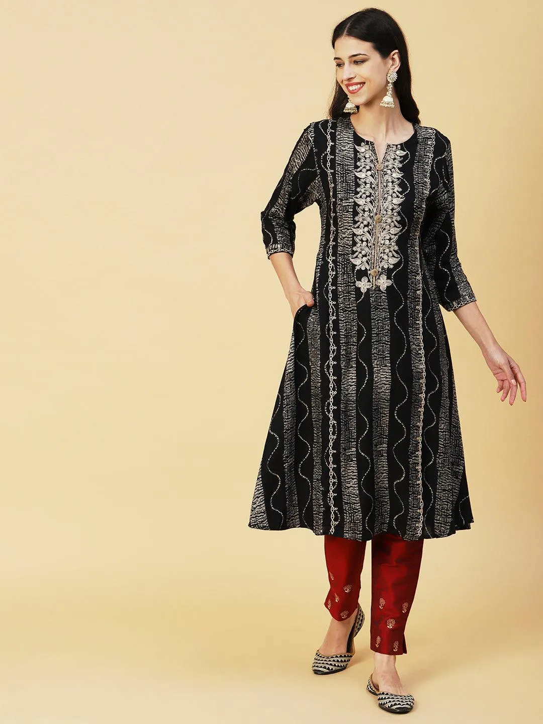 Abstract Stripes Foil Printed & Embroidered A-Line Flared Kurta - Black