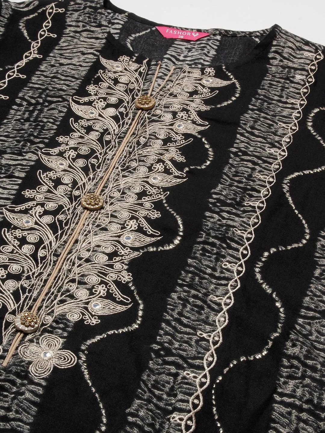 Abstract Stripes Foil Printed & Embroidered A-Line Flared Kurta - Black