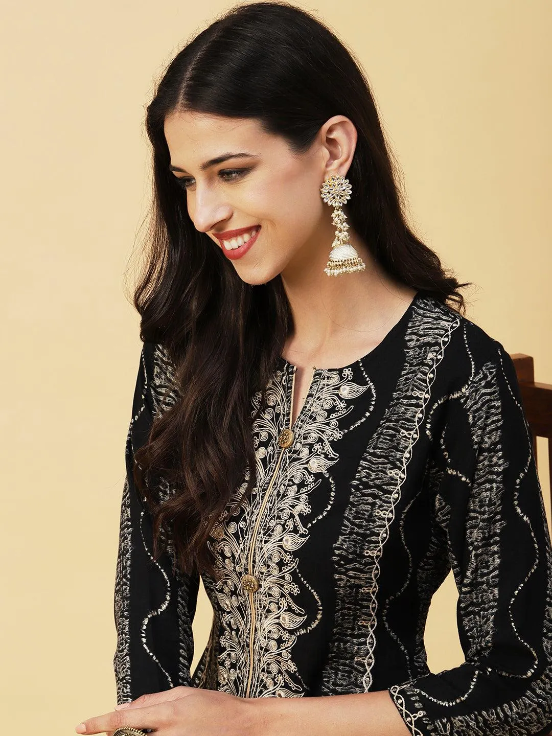 Abstract Stripes Foil Printed & Embroidered A-Line Flared Kurta - Black