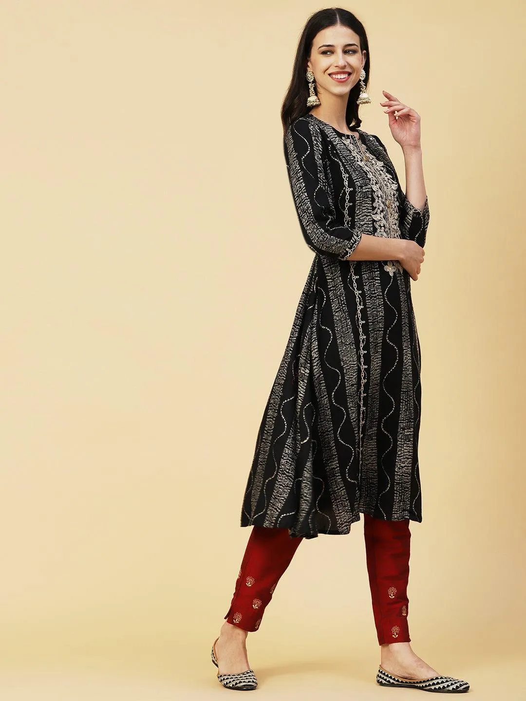 Abstract Stripes Foil Printed & Embroidered A-Line Flared Kurta - Black
