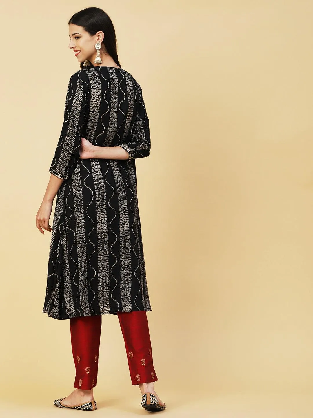 Abstract Stripes Foil Printed & Embroidered A-Line Flared Kurta - Black