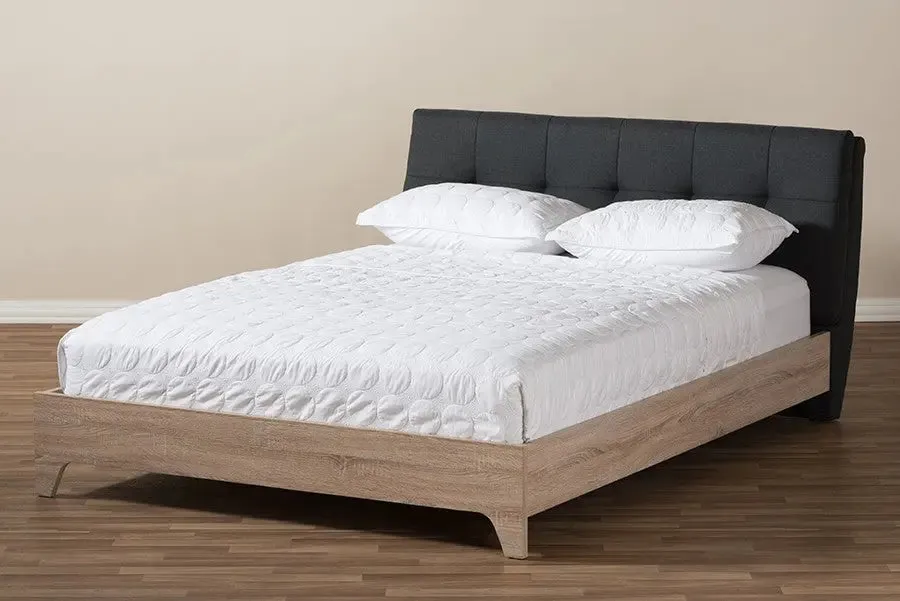 Adelia Charcoal Grey Whitewash Platform Bed w/Grid Tufted Headboard (Queen)