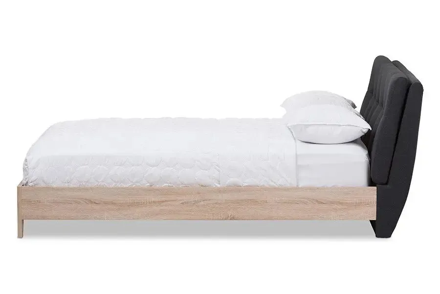 Adelia Charcoal Grey Whitewash Platform Bed w/Grid Tufted Headboard (Queen)