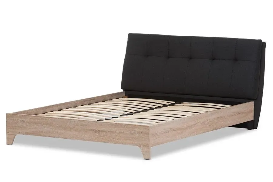 Adelia Charcoal Grey Whitewash Platform Bed w/Grid Tufted Headboard (Queen)