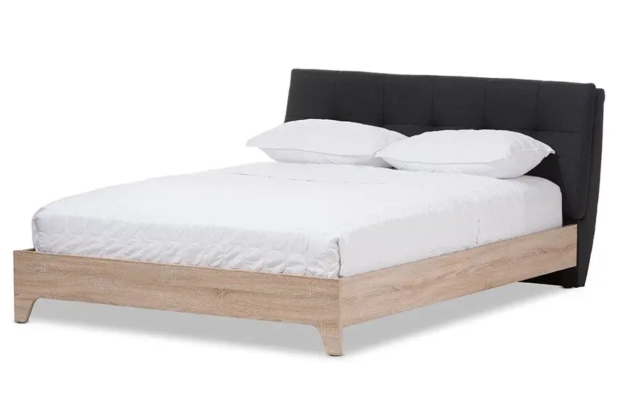 Adelia Charcoal Grey Whitewash Platform Bed w/Grid Tufted Headboard (Queen)