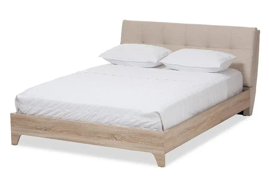Adelia Light Beige Whitewash Platform Bed w/Grid Tufted Headboard (Queen)