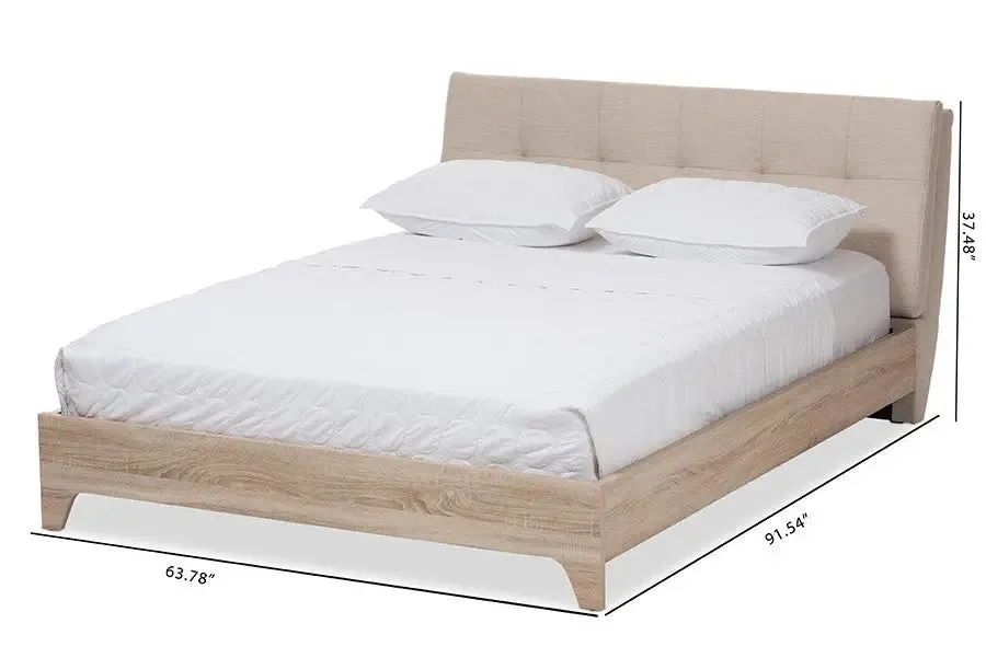 Adelia Light Beige Whitewash Platform Bed w/Grid Tufted Headboard (Queen)