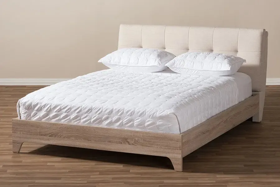 Adelia Light Beige Whitewash Platform Bed w/Grid Tufted Headboard (Queen)