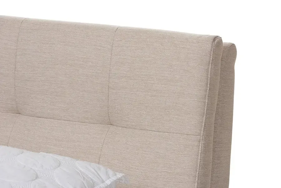 Adelia Light Beige Whitewash Platform Bed w/Grid Tufted Headboard (Queen)