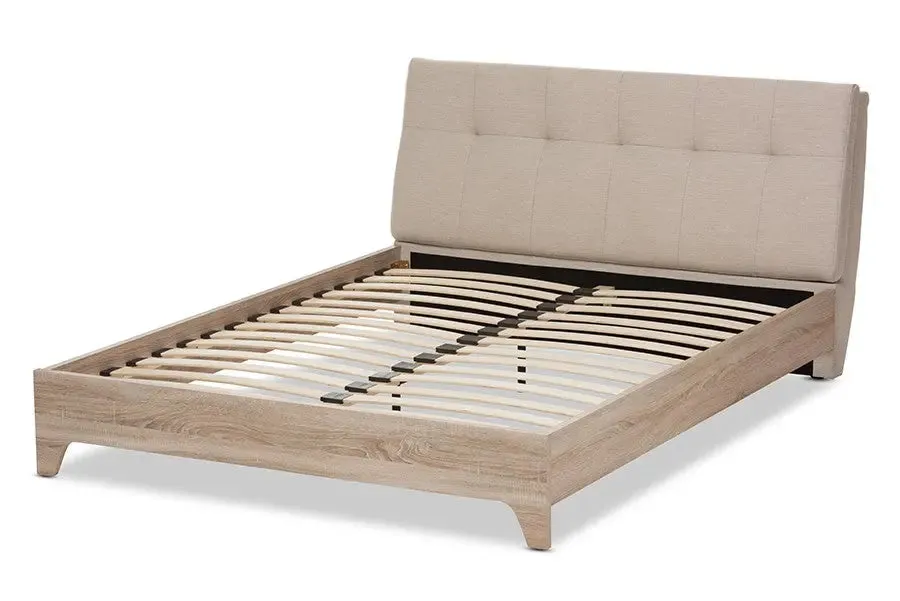 Adelia Light Beige Whitewash Platform Bed w/Grid Tufted Headboard (Queen)