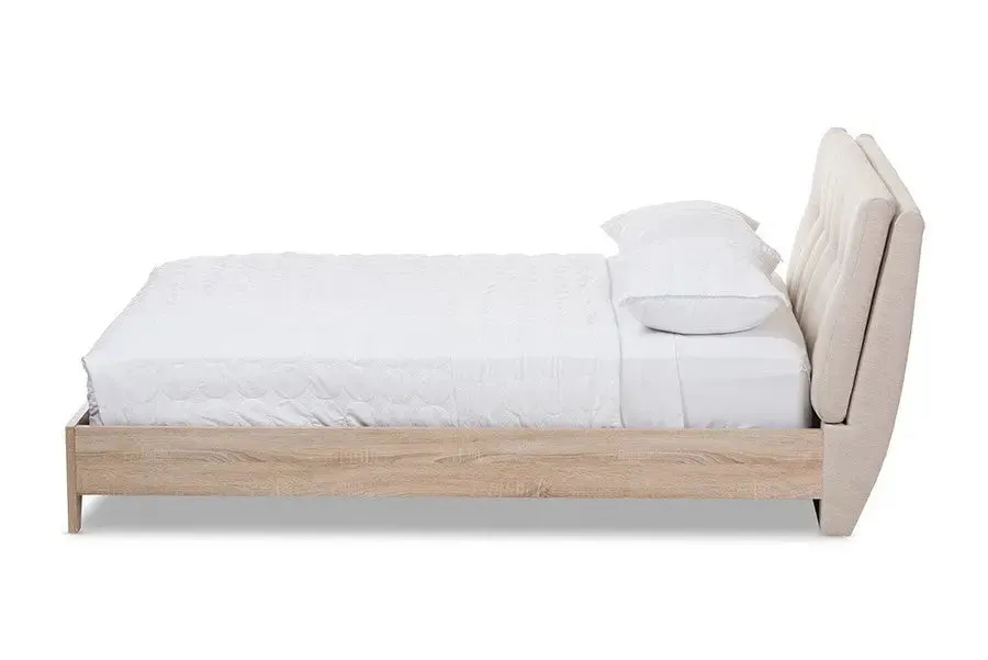 Adelia Light Beige Whitewash Platform Bed w/Grid Tufted Headboard (Queen)