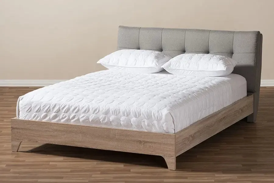 Adelia Light Grey Whitewash Platform Bed w/Grid Tufted Headboard (Full)