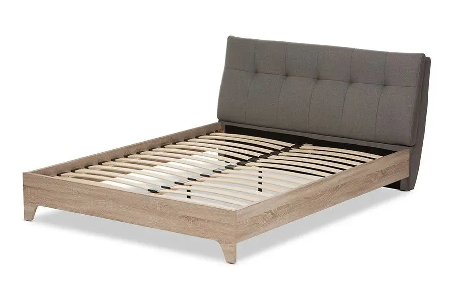 Adelia Light Grey Whitewash Platform Bed w/Grid Tufted Headboard (Full)