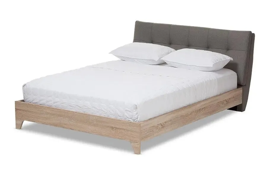 Adelia Light Grey Whitewash Platform Bed w/Grid Tufted Headboard (Full)