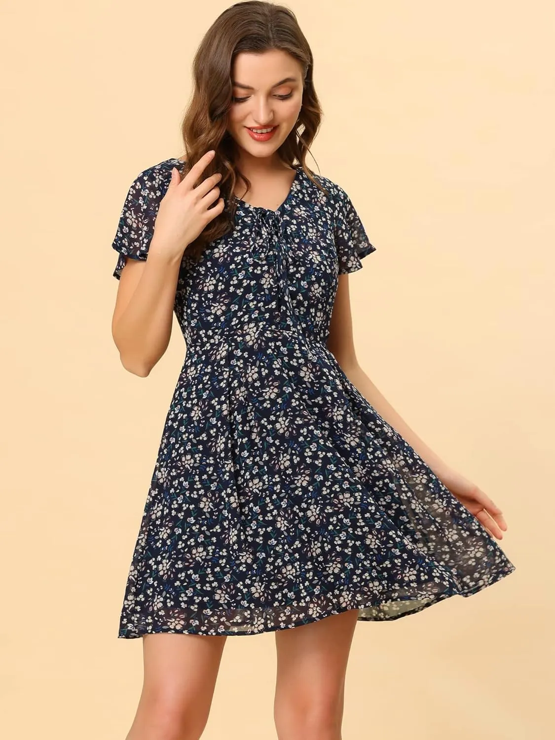 Allegra K Women's Floral Printed Spring Summer Flare Short Sleeve Lace-up V Neck Chiffon Dress