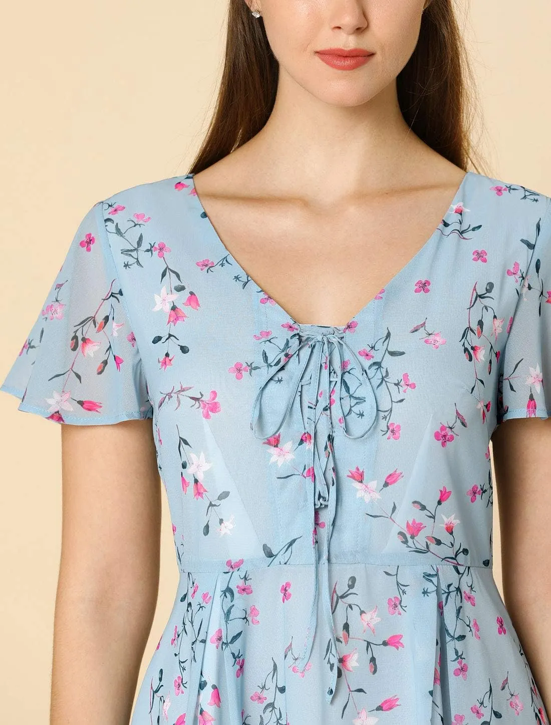 Allegra K Women's Floral Printed Spring Summer Flare Short Sleeve Lace-up V Neck Chiffon Dress