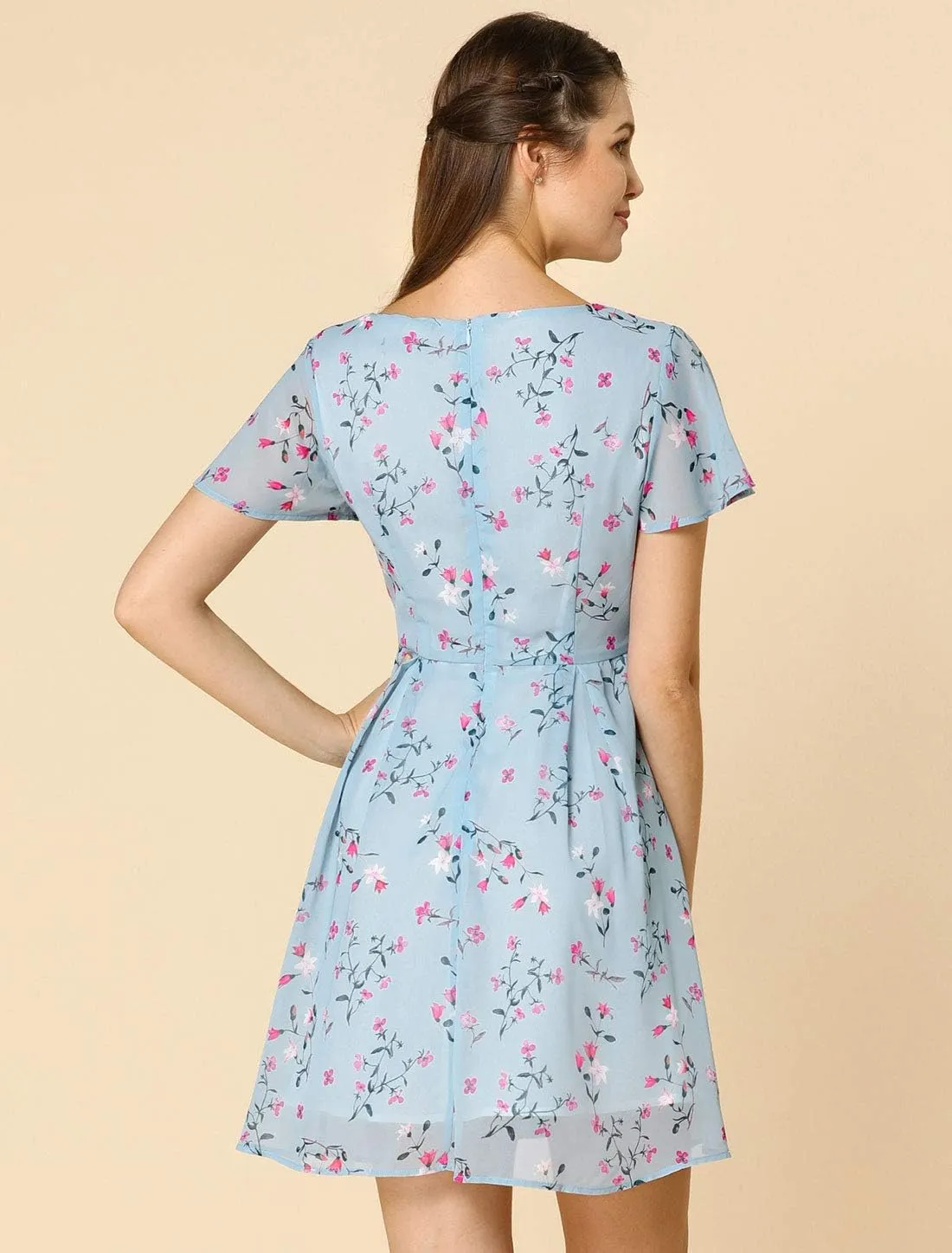Allegra K Women's Floral Printed Spring Summer Flare Short Sleeve Lace-up V Neck Chiffon Dress