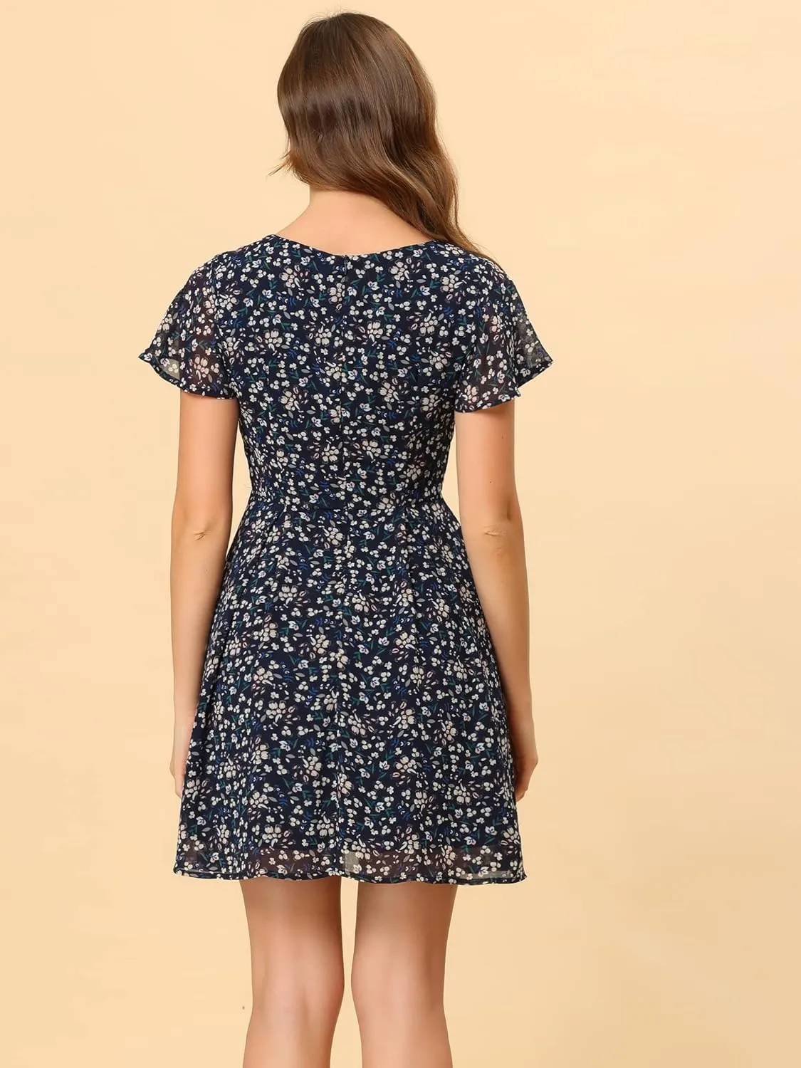 Allegra K Women's Floral Printed Spring Summer Flare Short Sleeve Lace-up V Neck Chiffon Dress