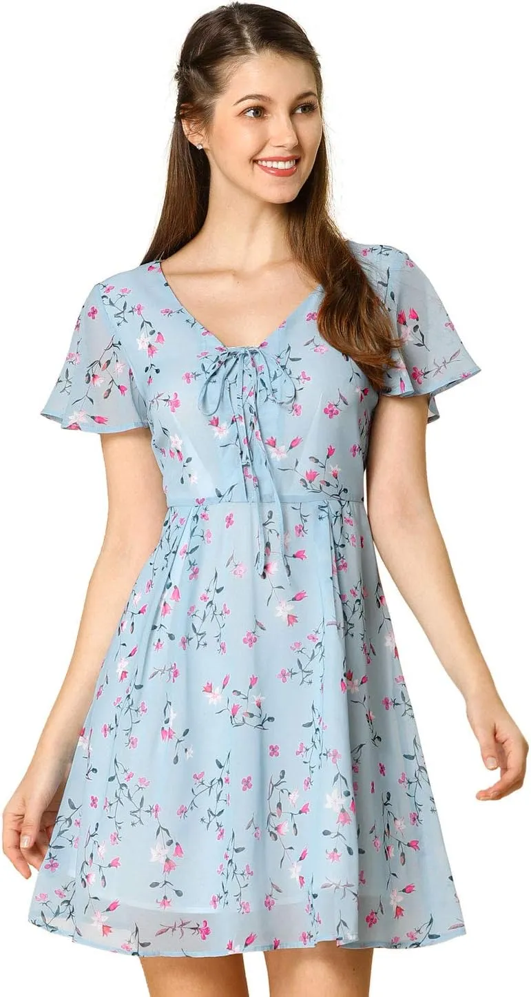 Allegra K Women's Floral Printed Spring Summer Flare Short Sleeve Lace-up V Neck Chiffon Dress