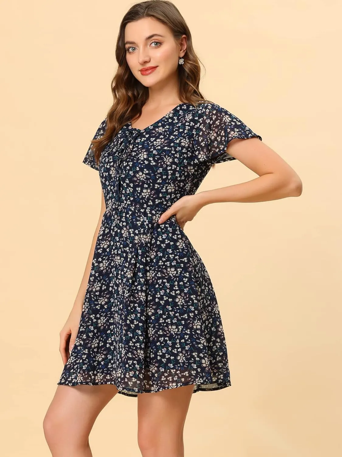 Allegra K Women's Floral Printed Spring Summer Flare Short Sleeve Lace-up V Neck Chiffon Dress