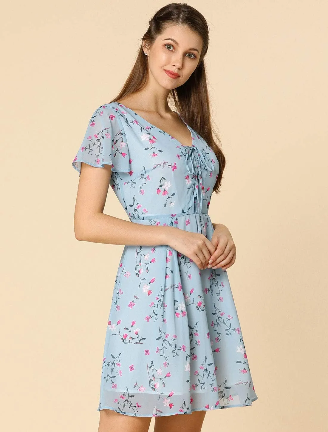 Allegra K Women's Floral Printed Spring Summer Flare Short Sleeve Lace-up V Neck Chiffon Dress