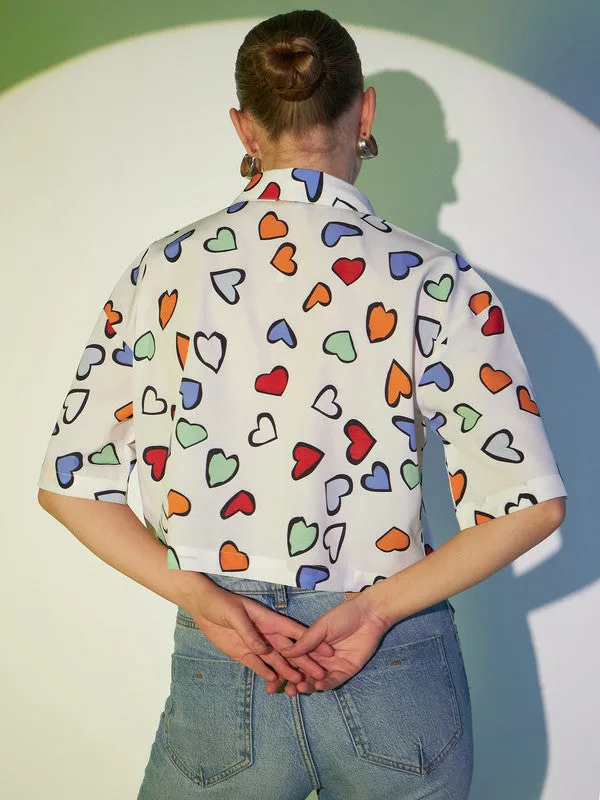 Berrylush Women White & Multicolour Heart Printed Spread Collar Neck Short Sleeves Button-Up Straight Hem Cropped Shirt