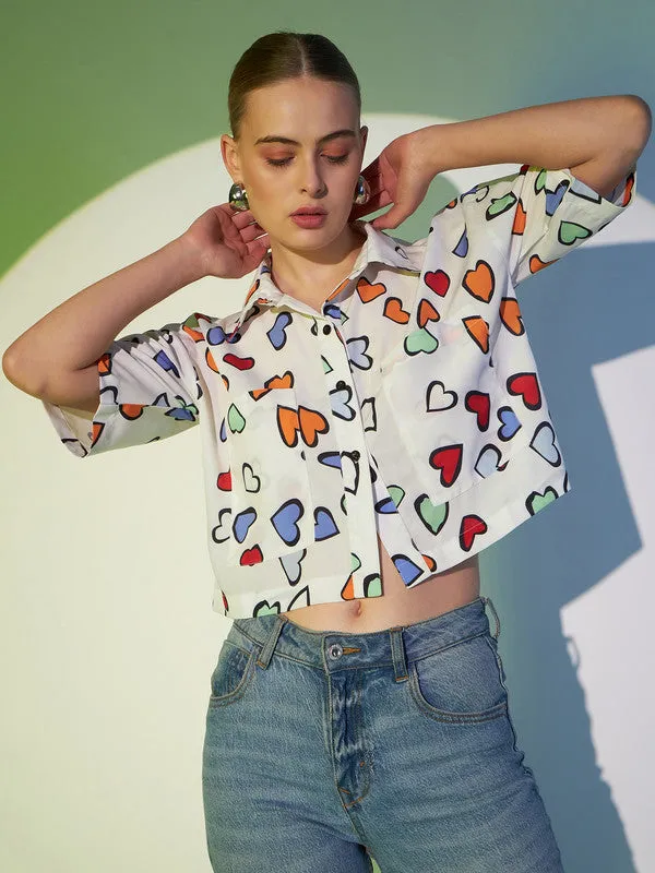 Berrylush Women White & Multicolour Heart Printed Spread Collar Neck Short Sleeves Button-Up Straight Hem Cropped Shirt