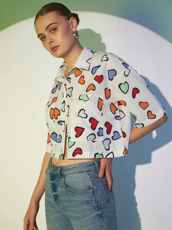Berrylush Women White & Multicolour Heart Printed Spread Collar Neck Short Sleeves Button-Up Straight Hem Cropped Shirt