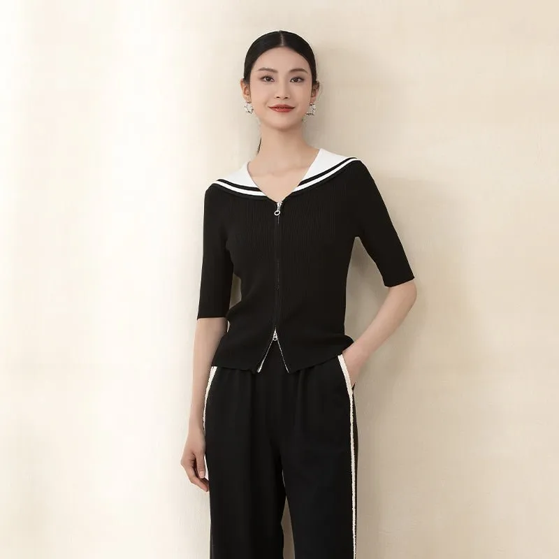 Black Naval Collar Knitted Slim T-shirt