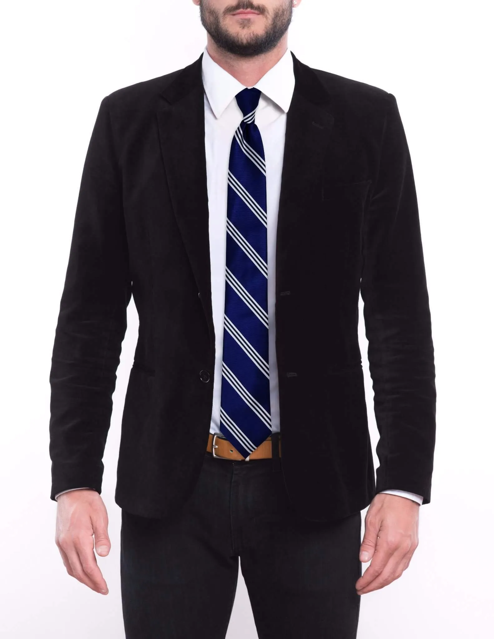 Blue Three Silver Striped Traditional Tie