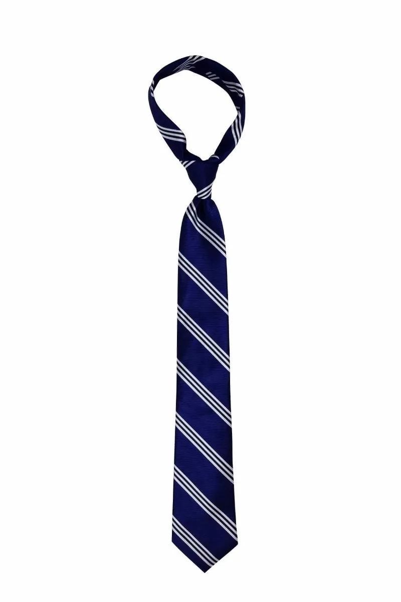 Blue Three Silver Striped Traditional Tie