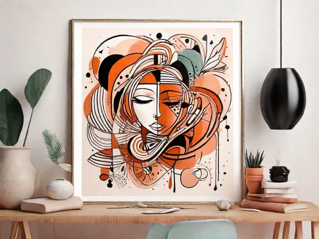 Boho abstract woman , Orange and black print  ,boho woman art portrait ,  mininalist Abstract Wall Art print