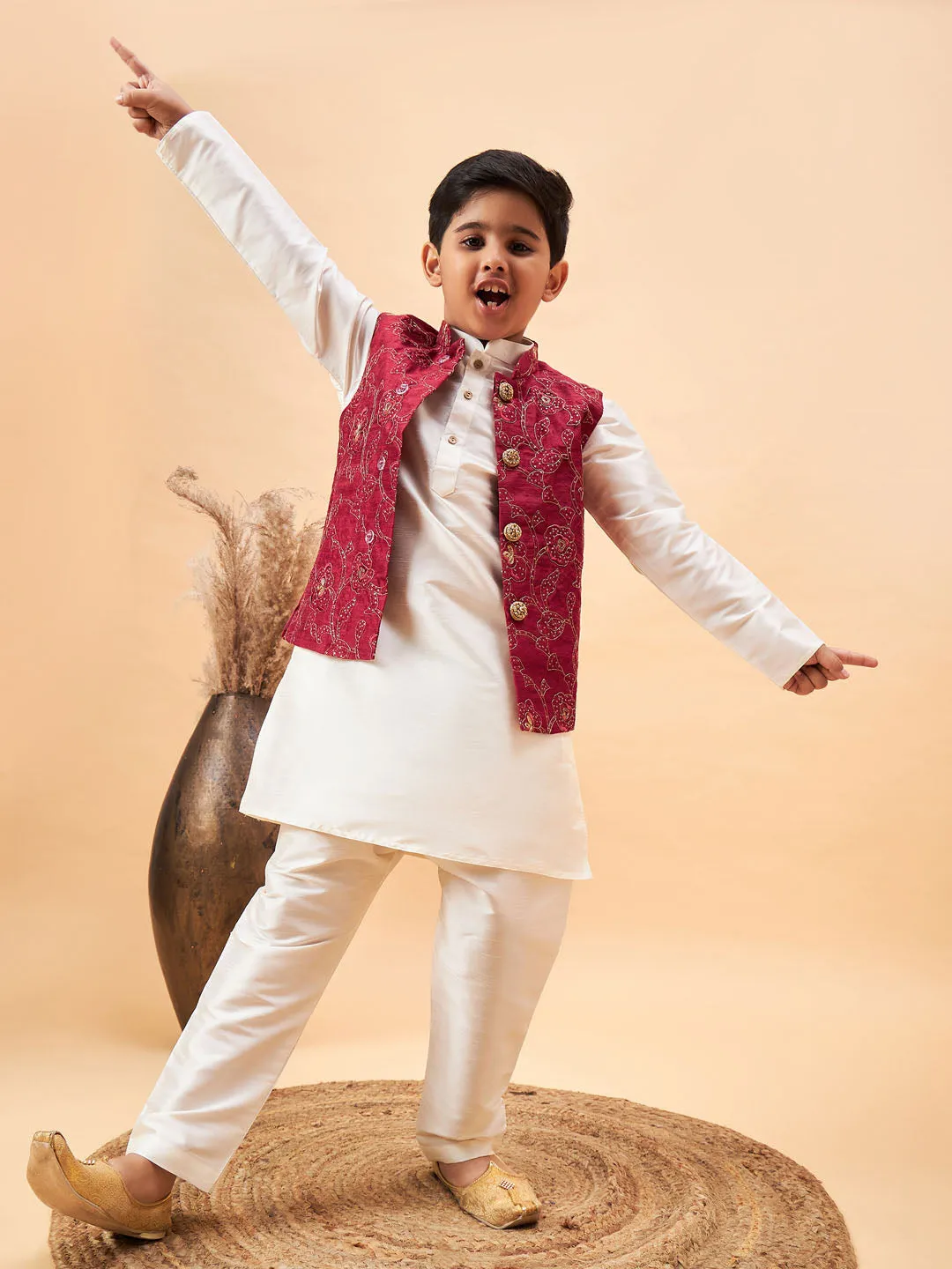 Boy's Maroon And Cream Jacket, Kurta And Pyjama Set - Vastramay Boys