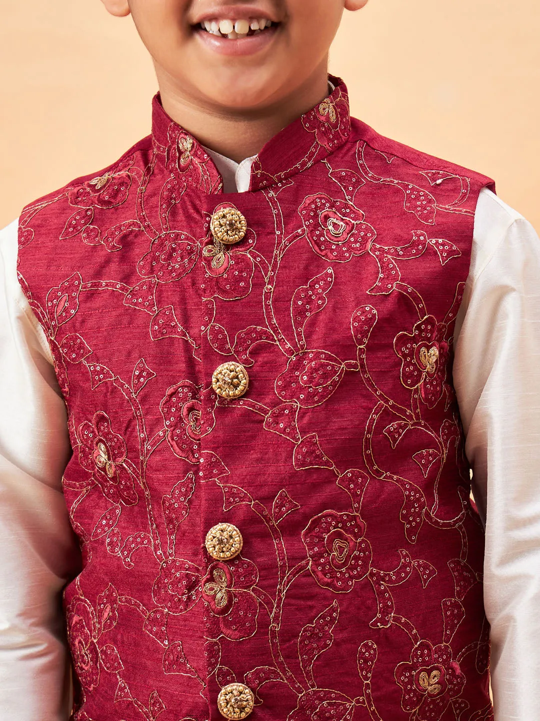 Boy's Maroon And Cream Jacket, Kurta And Pyjama Set - Vastramay Boys