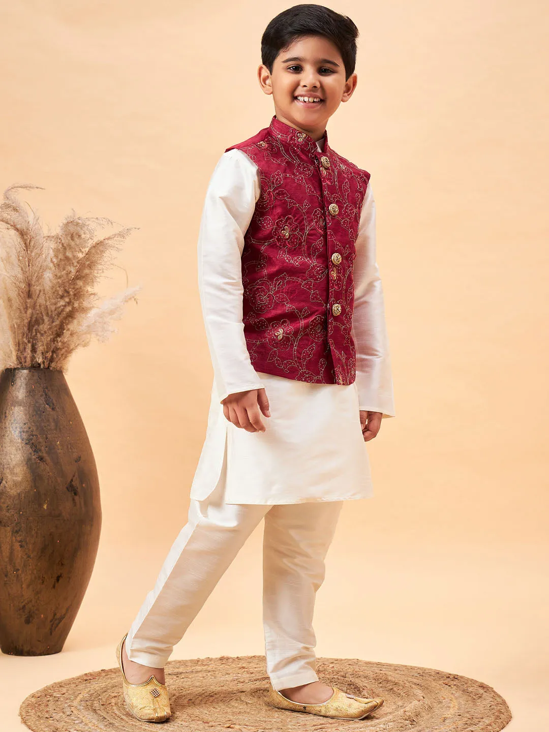 Boy's Maroon And Cream Jacket, Kurta And Pyjama Set - Vastramay Boys