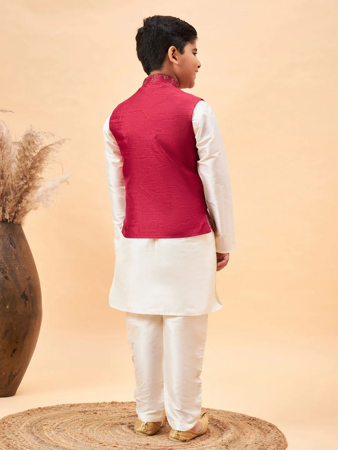 Boy's Maroon And Cream Jacket, Kurta And Pyjama Set - Vastramay Boys