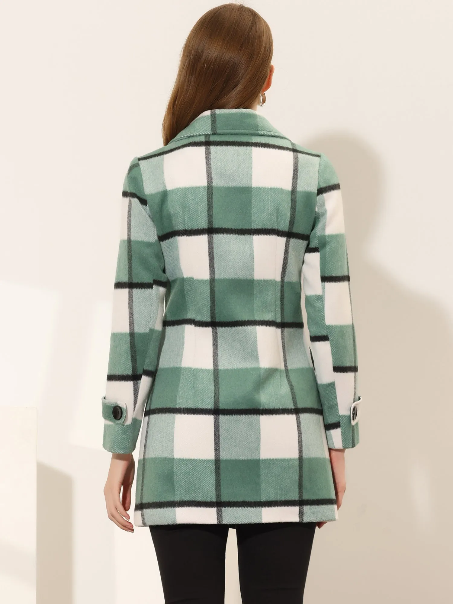 Buffalo Checks Double Breasted Notched Lapel Plaid Trench Pea Coat