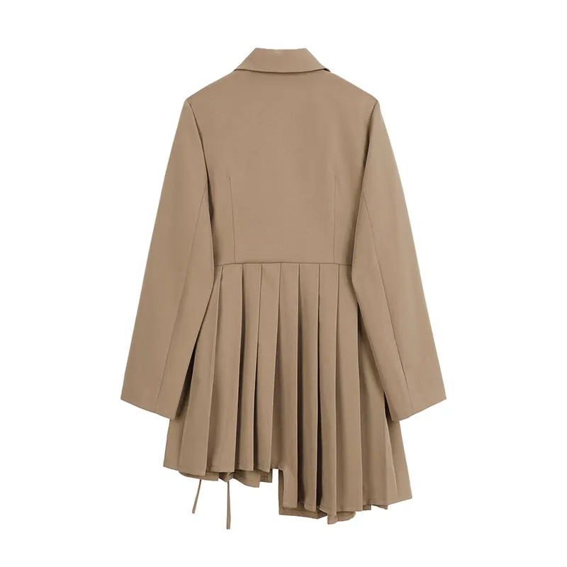 Casual Patchwork Pleated Dress For Women Notched Long Sleeve Irregular Hem Elegant Dresses Female Fashion
